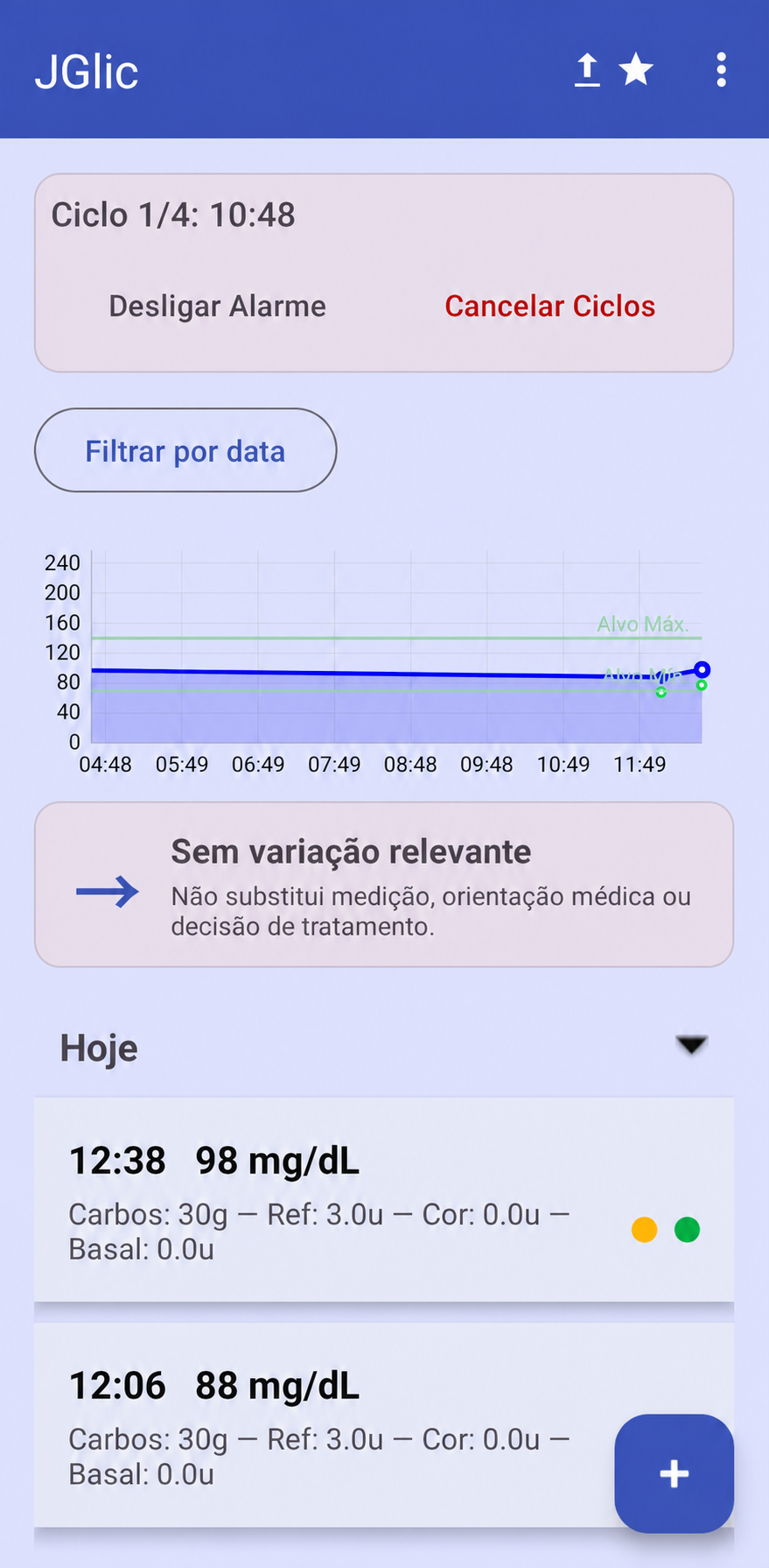Tela do JGlic com gráfico glicêmico, indicador de tendência e histórico de medições